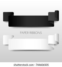 Geometric paper ribbons (banners) black and white colors with shadow. Vector ribbons with 3d effect