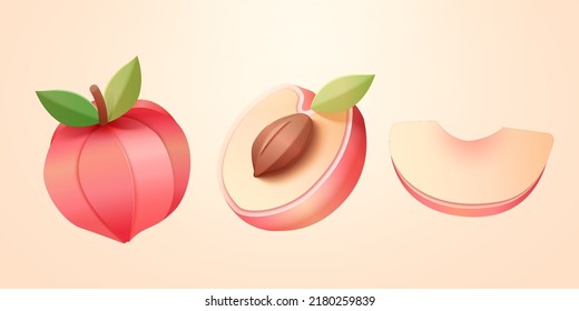 Geometric papercut style white peach mockup. illustrated white peach in whole piece, cut in half, and sliced isolated in pastel background