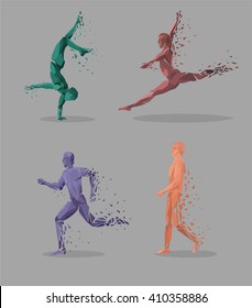 Geometric particle run dance people. Colored geometric particles in the form of a set of people who are jumping run, tantsuyu and standing on one hand. Set sport athletes. Vector illustration