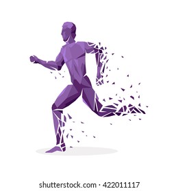 Geometric particle run dance people. Colored geometric particles in the form of people who are jumping run, tantsuyu and standing on one hand. Sport athletes. Vector illustration