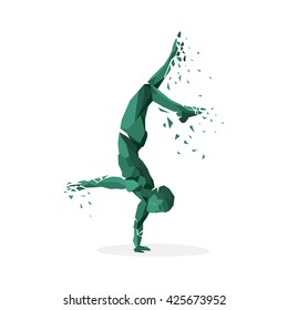 Geometric particle run dance people. Colored geometric particles in the form of people who are jumping run, tantsuyu and standing on one hand. Sport athletes. Vector illustration