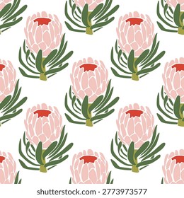 Geometric pastel pink hand drawn protea seamless pattern 