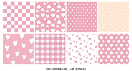 Geometric pastel pink seamless pattern set Pink background white circles peas hearts stars Collection vector illustration Simple childish print wrap wallpaper cover fabric textile