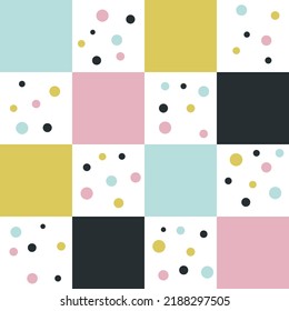 geometric pastel seamless pattern. Festive simple background of squares and circles of different sizes. Pink, blue, black, gold on a white background. Design for birthday, cover, kids textile