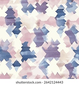 Geometric pastel-colored shapes, diamonds, and triangles in soft pinks, blues, and purples, ikat seamless pattern, Vector illustration background for print the paper.