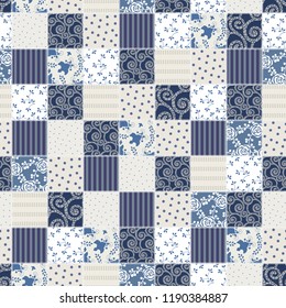 Geometric patchwork background with color curls ornament, flower, leaf, dot and line, arabesque. Shabby chic, lettering vector illustration, seamless pattern, vintage textures, retro style.