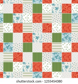 Geometric patchwork background with color curls ornament, flower, leaf, dot and line, arabesque. Shabby chic, lettering vector illustration, seamless pattern, vintage textures, retro style.
