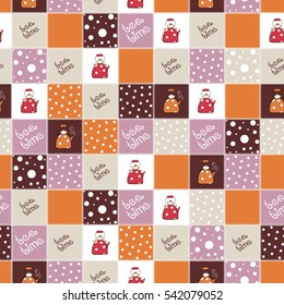 Geometric patchwork background with colorful teapot, dot. Lettering vector illustration, seamless pattern, retro style.
