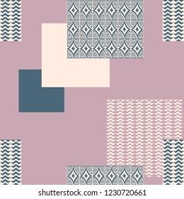Geometric patchwork seamless pattern.Square hand-painted drawing with ethnic and tribal motifs, lines in pink and blue pastel colors