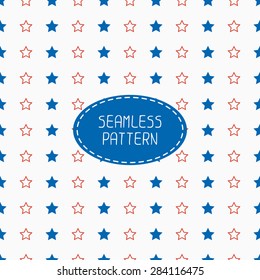 Geometric patriotic seamless pattern with red, white, blue stars. American symbols. USA flag. 4th of July. Wrapping paper. Paper for scrapbook. Tiling. Vector nautical illustration background. 