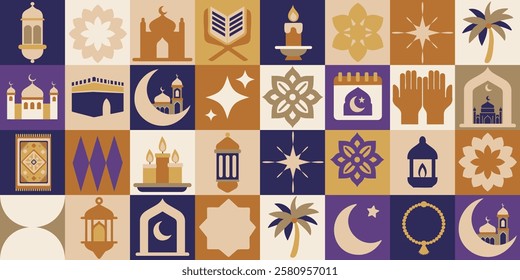 A geometric patter of Ramadan symbols, including a palm tree, a star, and a crescent moon