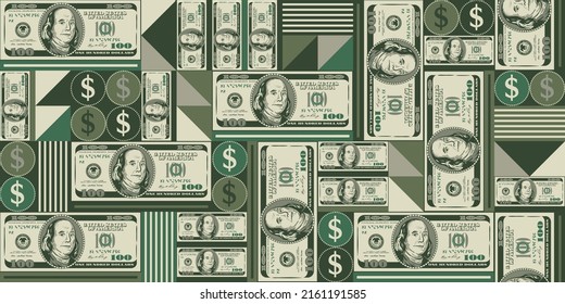 Geometric pattern with 100 dollar bills, simple geometric shapes, gold chains. For print, covers, posters, etc.