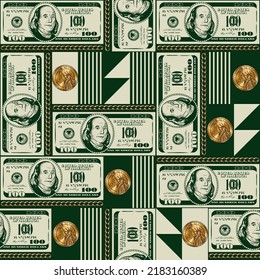 Geometric pattern with 100 dollar bills, gold one dollar coins, simple geometric shapes. For print, covers, posters, etc.