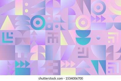 Geometric pattern with 30s styled shapes inspired by Bauhaus and modern vapor wave pale colors for abstract background or wallpaper