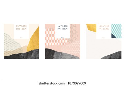Geometric pattern abstract background vector. Japanese wave element with gold and black texture template. Card design in vintage style.