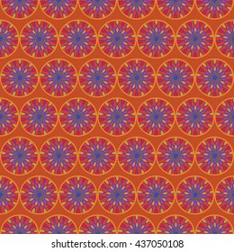 Geometric pattern with abstract flowers and waves in orange, red, violet colors, seamless vector background. For fashion textile, cloth, backgrounds.