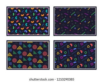 Geometric pattern. Abstract seamless texture. Colorful geometric figures or shapes. Swatches with graphic pattern. Hipster fashion Memphis style texture. Abstract line decoration composition. Vector
