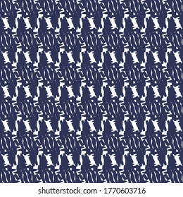 Geometric pattern with abstract signs and broken zigzags. Ethnic motif in blue and white. Textile print.
