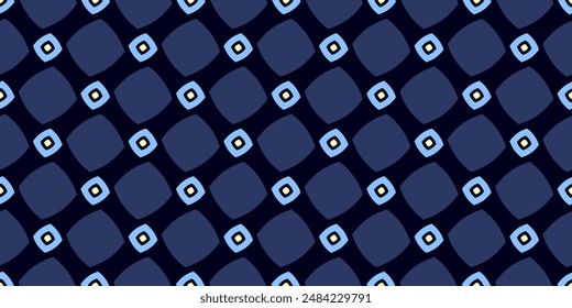 Geometric pattern abstract square shapes motif classic blue minimal background. Small elements modern fashion fabric design textile swatch ladies dress, man shirt all over print block. Vector graphic.