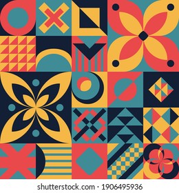 Geometric pattern. An abstraction in the Bauhaus style. Modern design of packaging, brochures, wallpaper. Bright print. Patterned tiles. Vector.