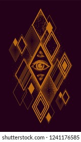 Geometric pattern with all seeing eye. Decoration rhombuses with magic look. Orange   ornament on the dark background.Print for t shirt and tattoo art.