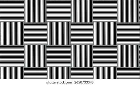 A geometric pattern of alternating black, white, and gray stripes arranged in a tiled, woven-like design.