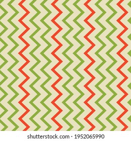 Geometric pattern with alternating stripes of green and red. Vector seamless illustration with zigzags on a light background for printing on fabric, gift packaging, etc.