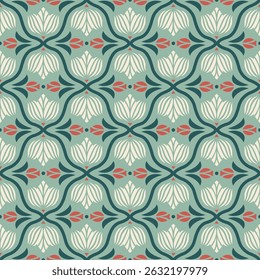 Geometric Pattern - Art Nouveau Flowers and Roses (Soft Green, Dark Green, Red,  Ivory) - Repeating Vector Image; Easily Editable; Endless Design; Colorful lIlustration. Print for Gift Paper, etc.