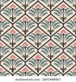 Geometric Pattern - Art Nouveau - Foliage and Flower (Pink, Cream, Green) - Repeating Vector Image; Easily Editable; Endless Design; Colorful lIlustration. Print for Gift Paper, Packaging, etc.