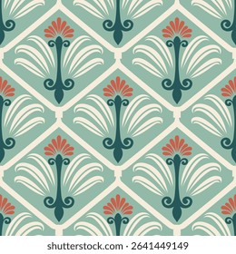 Geometric Pattern - Art Nouveau - Foliage, Flower (Dark Green, Soft Green, Cream, Caramel) - Repeating Vector Image; Easily Editable; Endless Design; Colorful lIlustration. Print for Gift Paper, etc.