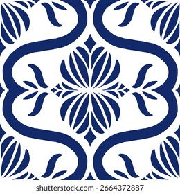 Patrón geométrico - Art Nouveau - flores extrañas (azul marino, blanco) - Imagen de Vector que repite; Fácilmente editable; Diseño sin fin; Ilustración colorida. Impresión para papel de regalo, embalaje, etc.