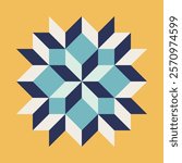 Geometric pattern art print with blue and mustard yellow accents, repeating patterns, vector art style, simple shapes, flat color blocks, retro design