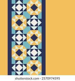 Geometric pattern art print with blue and mustard yellow accents, repeating patterns, vector art style, simple shapes, flat color blocks, retro design