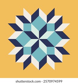 Geometric pattern art print with blue and mustard yellow accents, repeating patterns, vector art style, simple shapes, flat color blocks, retro design