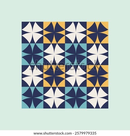 Geometric pattern art print with blue and mustard yellow accents, repeating patterns, vector art style, simple shapes, flat color blocks, retro design