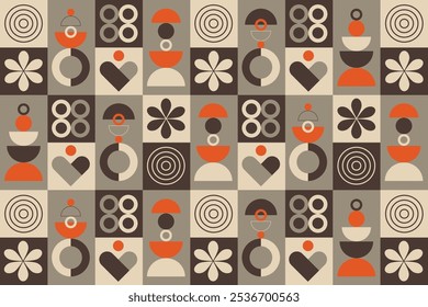 A geometric pattern background in beige, brown, and orange includes circles, half-circles, hearts, flowers, and rings arranged in a grid layout. Vector illustration.