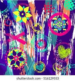 geometric pattern background, retro,vintage style, with circles, stripes, flowers, strokes and splashes. Vector illustration