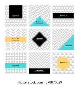 Geometric pattern background. Square card with clean design and geometry texture. Vector abstract decoration with minimalistic seamless shapes and forms for brand, presentation, web, print, package. 