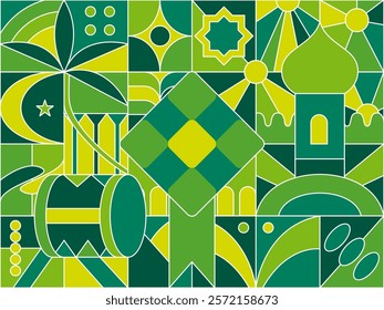 geometric pattern background with the theme of the Eid al-Fitr holiday for Muslims with the typical ketupat and festive dominant green color