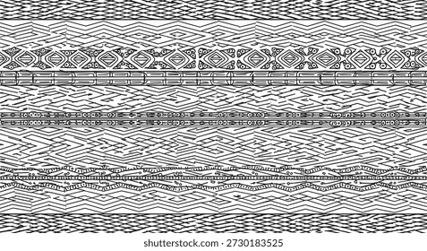 Geometric pattern bands with zigzags, diamonds, and binary code, abstract black and white design for digital and textile art