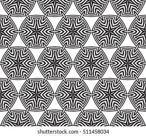 geometric pattern based on optical illusions elements. Seamless vector illustration. black and white lines of different shapes. design for interior decoration, wallpaper, filling sites