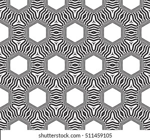 geometric pattern based on optical illusions elements. Seamless vector illustration. black and white lines of different shapes. design for interior decoration, wallpaper, filling sites