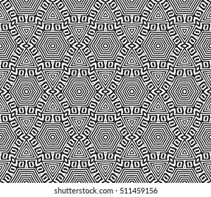 geometric pattern based on optical illusions elements. Seamless vector illustration. black and white lines of different shapes. design for interior decoration, wallpaper, filling sites