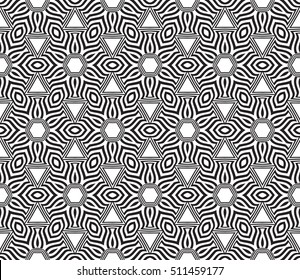 geometric pattern based on optical illusions elements. Seamless vector illustration. black and white lines of different shapes. design for interior decoration, wallpaper, filling sites