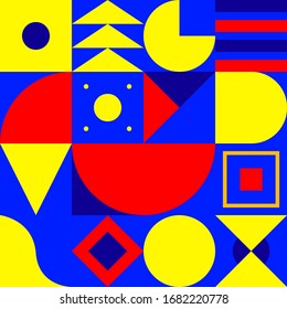 Patrón geométrico, fondo de baudios, patrón moderno sin fisuras con formas, círculo, triángulo y cuadrado. Arte de color vectorial abstracto en estilo de los años 80