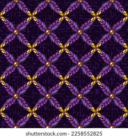 Geometric pattern with beads, square diagonal grid made of feathers on dark textured background. Carnival design.