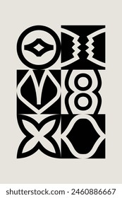 Geometric pattern in beige and black inspired by the Midcentury modern design style. Graphical illustration for a unique wall decor, textiles and interior design.