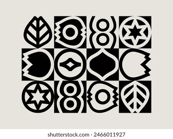 Geometric pattern in beige and black inspired by the Midcentury modern design style. Graphical illustration for a unique wall decor, textiles and interior design.