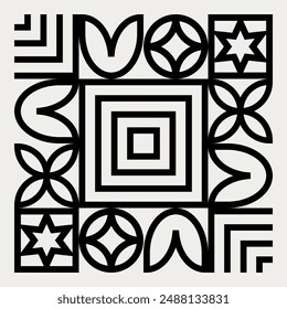 Geometric pattern in beige and black inspired by the Midcentury modern style. Graphical illustration for a unique home decor, textiles, interior design.