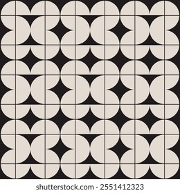 Geometric pattern in beige and black inspired by the Bauhaus classic design style. Graphical illustration for a unique wall decor, textiles and interior design.